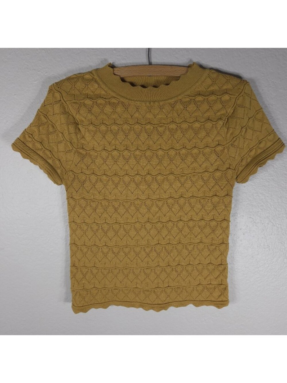Crescent Mustard Knit High Neck Top Short Sleeves S Preppy Textured